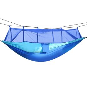 600lbs Load 2 Persons Hammock w/Mosquito Net Outdoor Hiking Camping Hommock Portable Nylon Swing Hanging Bed w/ Strap Hook Carry Bag (Option: Blu)