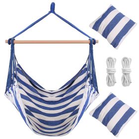 Hammock Hanging Chair Canvas Porch Patio Swing Seat Portable Camping Rope Seat Wooden Stick Hammock Chair with 2 Pillows 265LBS Load-bearing (Option: Blue)