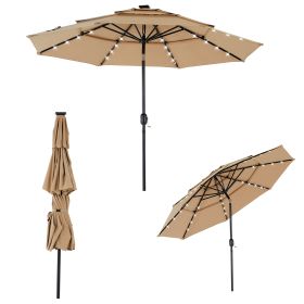 10FT 3-Tier Solar Patio Umbrella With 32 LED Lights, Outdoor Umbrellas With Push Button Tilt And Crank (Color: Khaki)